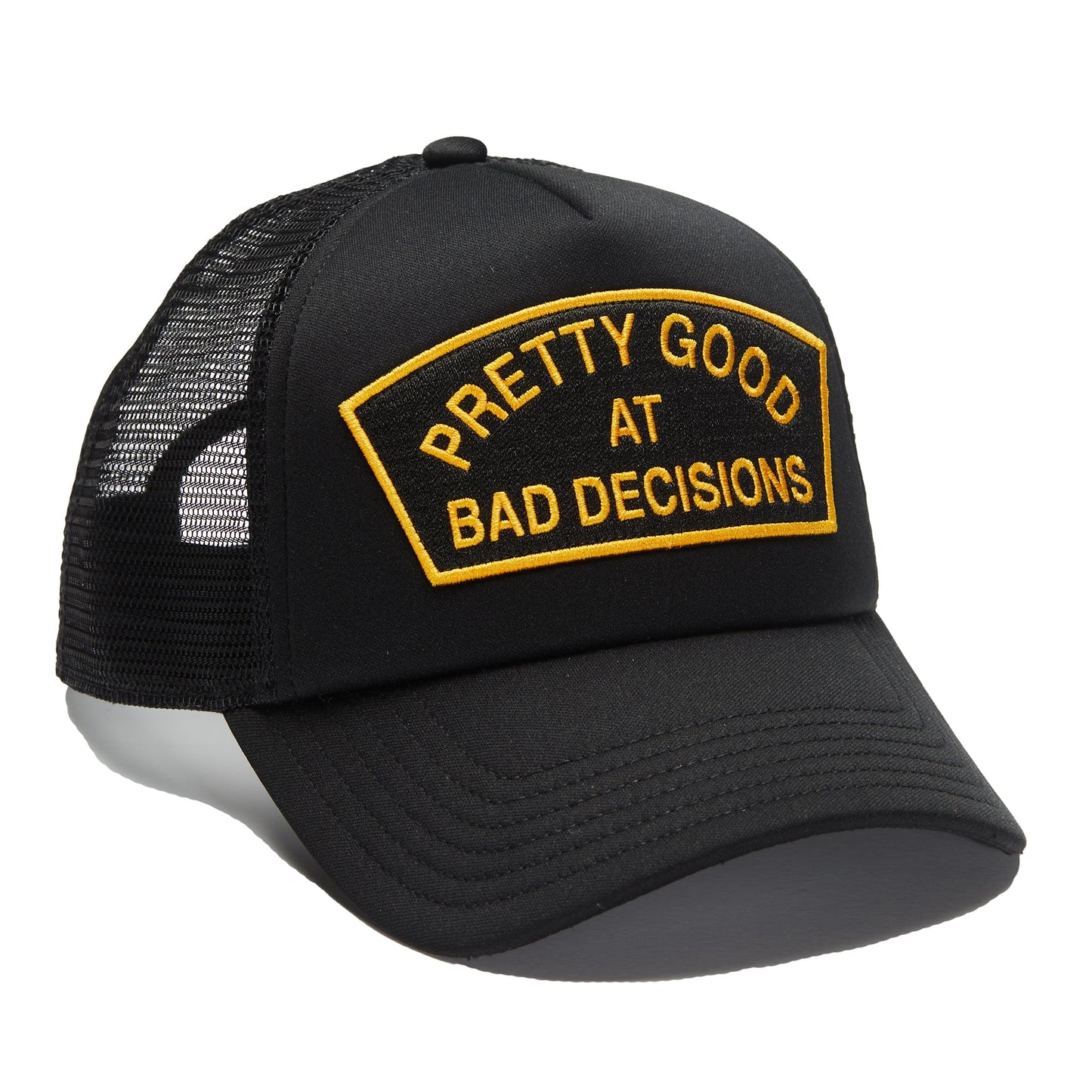 "BAD DECISIONS" MESH BACK TRUCKER HAT IN BLACK